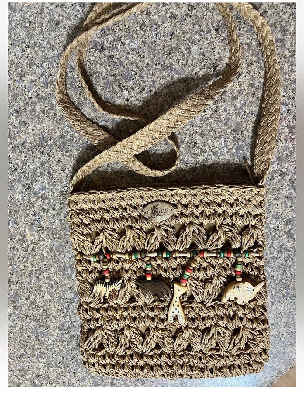 Capellini Crossbody Women's Boho Straw Purse With Wooden Animal Accents D17